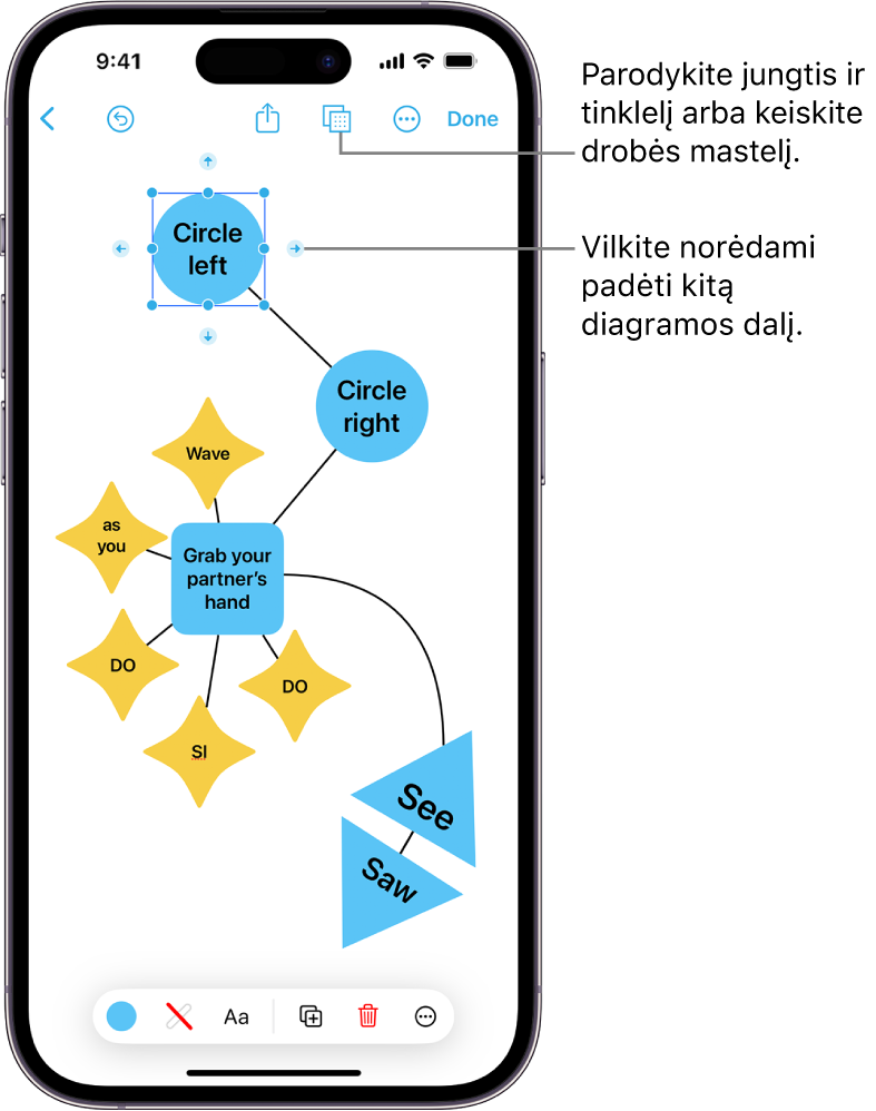 Diagrama „Freeform“ lentoje su jungtimis, rodomomis pasirinktoje formoje, o formos formatavimo įrankiai matomi ekrano apačioje.