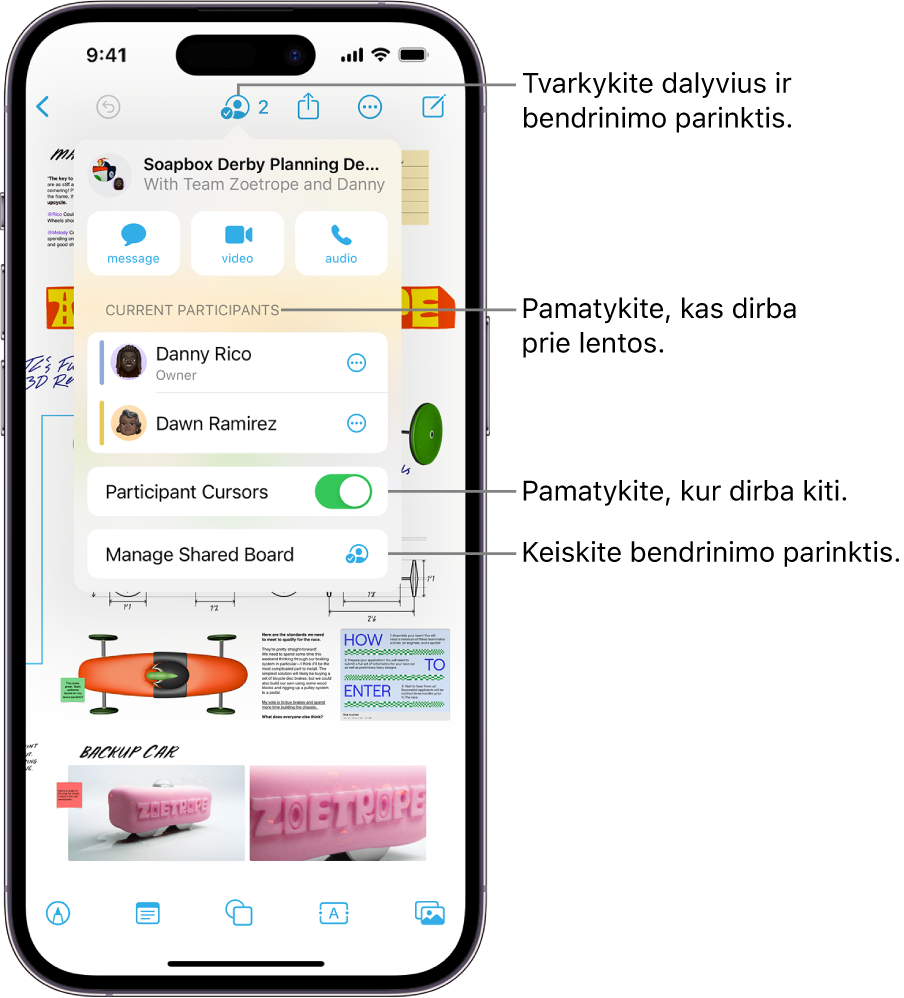 Bendrinama „Freeform“ lenta „iPhone“ įrenginyje su atidarytu bendradarbiavimo meniu.