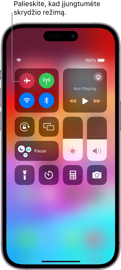 „Control Center“ ekranas, kuriame rodoma, kad palietus viršutinį kairįjį mygtuką įjungiamas lėktuvo režimas.