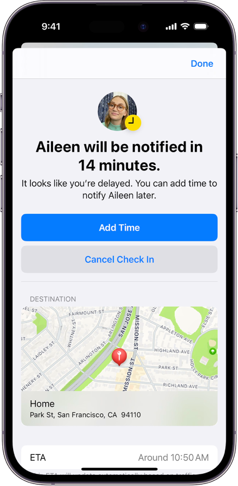 „Check In“ ekrane rodoma, kad draugui bus pranešta po 14 minučių, o toliau pateikiamos parinktys, kuriomis galima pratęsti laiką arba atšaukti funkciją „Check In“. Apačioje esančiame žemėlapyje rodoma dabartinė vieta.