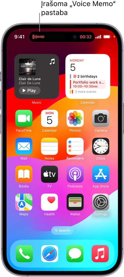 „iPhone 14 Pro“ pradžios ekranas, jo viršuje esančioje skiltyje „Dynamic Island“ rodomas tiesioginis „Voice Memo“ įrašas.