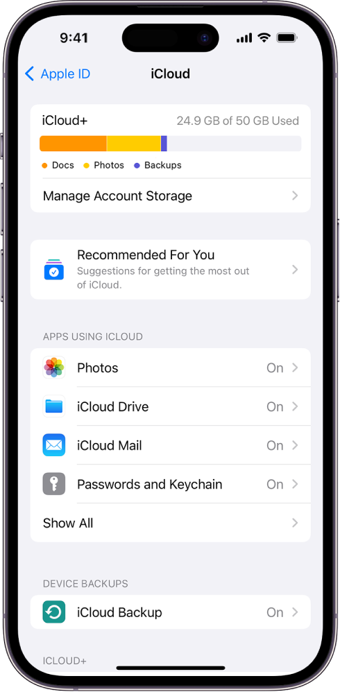 „iCloud“ nustatymų ekrane rodomas „iCloud Storage“ matuoklis, funkcijų, kurias galima naudoti su „iCloud“, sąrašas, įskaitant „Photos“, „iCloud Drive“ ir „iCloud Backup“.