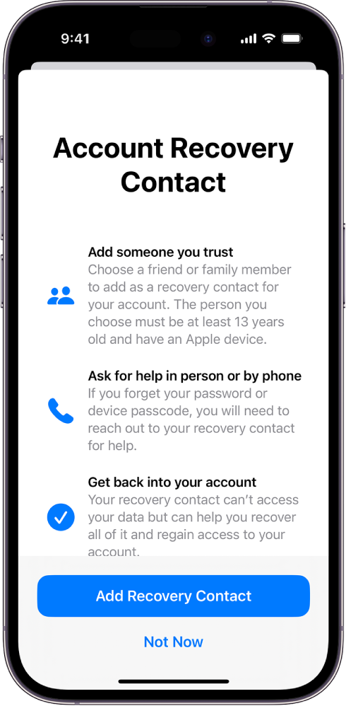 Ekrāns Account Recovery Contact ar informāciju par funkciju. Apakšējā labajā stūrī ir poga Add Recovery Contact.