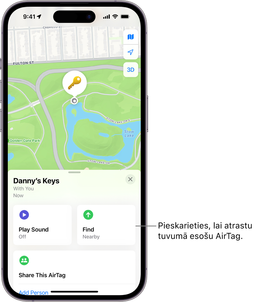 Atvērta lietotne Find My, kurā redzamas Danny atslēgas parkā Golden Gate Park. Pieskarieties pogai Find, lai atrastu tuvumā esošu AirTag.