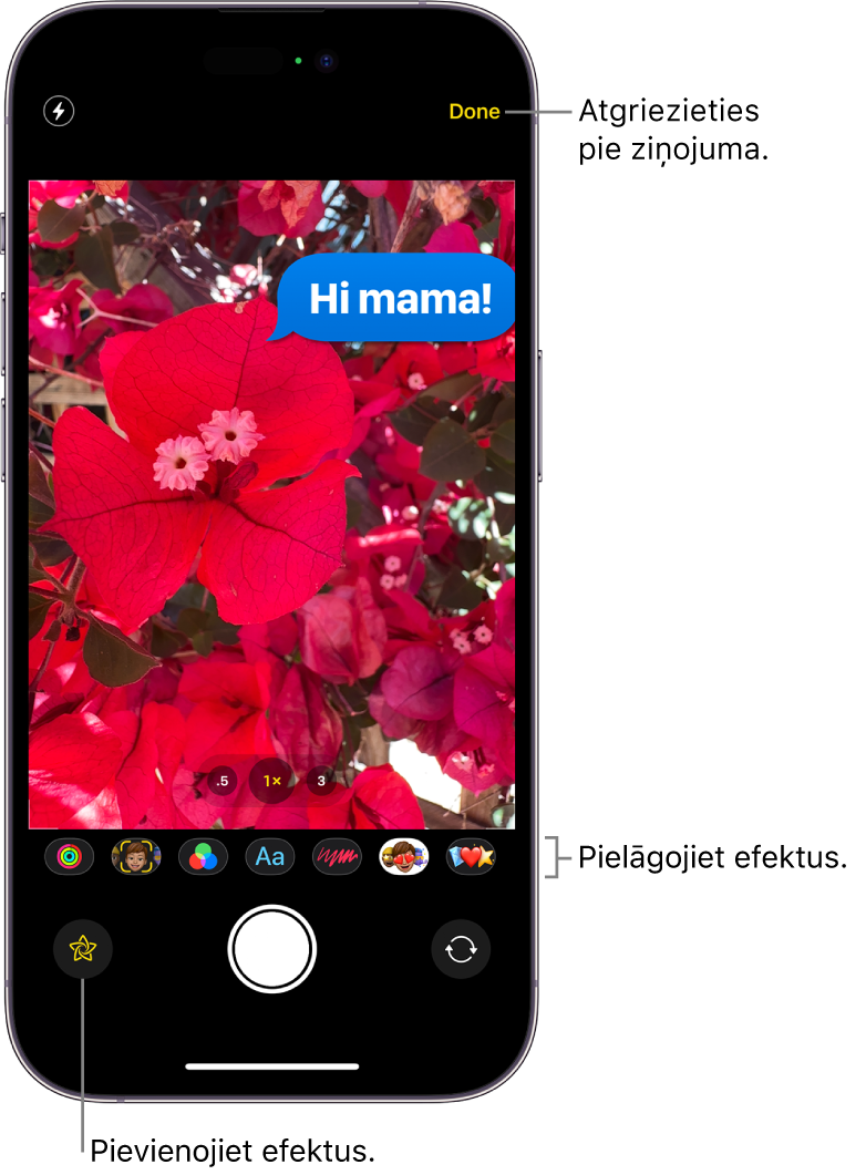Fotoattēlu rediģēšana lietotnē Messages. Zem fotoattēla ir opcijas dažādu efektu lietošanai.