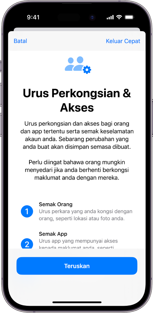 Skrin Urus Perkongsian & Akses dalam Semak Keselamatan ditemui dalam Seting.