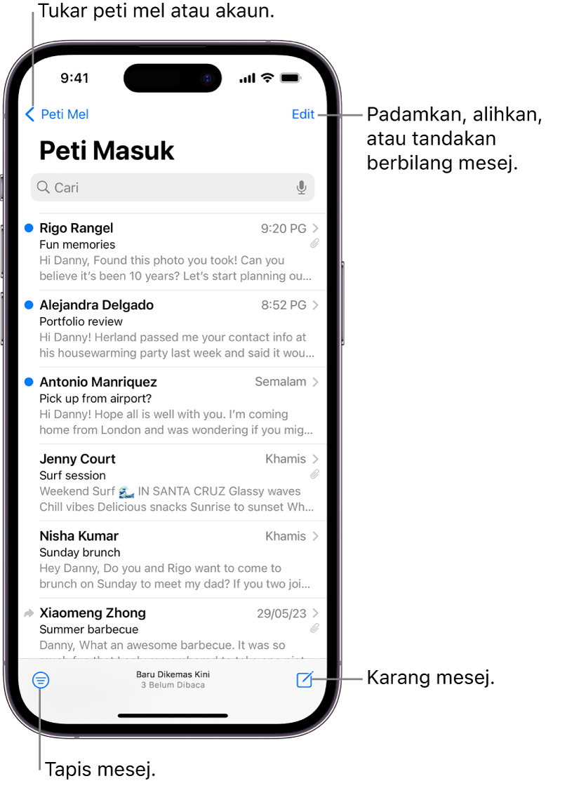 Peti Masuk Mail, menunjukkan senarai e-mel.