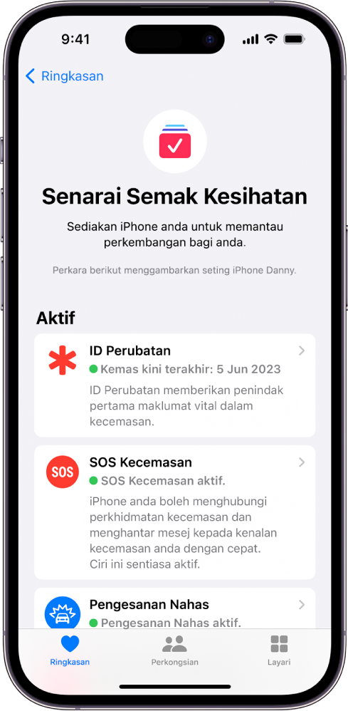 Skrin Senarai Semak Kesihatan menunjukkan ID Perubatan, SOS Kecemasan dan Pengesanan Nahas aktif.