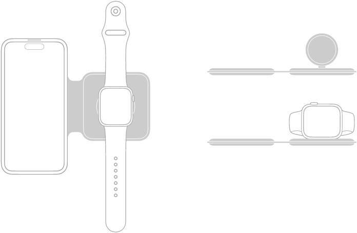 Ilustrasi di sebelah kiri menunjukkan iPhone dan Apple Watch diletakkan di atas permukaan pengecasan Pengecas MagSafe Duo. Ilustrasi di bahagian kanan atas menunjukkan permukaan pengecasan Apple Watch diangkat. Ilustrasi di bawahnya menunjukkan Apple Watch yang diletakkan pada permukaan pengecasan yang diangkat.