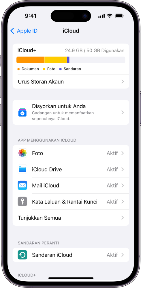 Skrin seting iCloud menunjukkan meter storan iCloud dan senarai app serta ciri, yang boleh digunakan dengan iCloud.