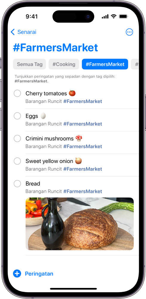 Senarai item dengan tag FarmersMarket. Butang di sepanjang bahagian atas menunjukkan tag tambahan yang anda boleh gunakan.