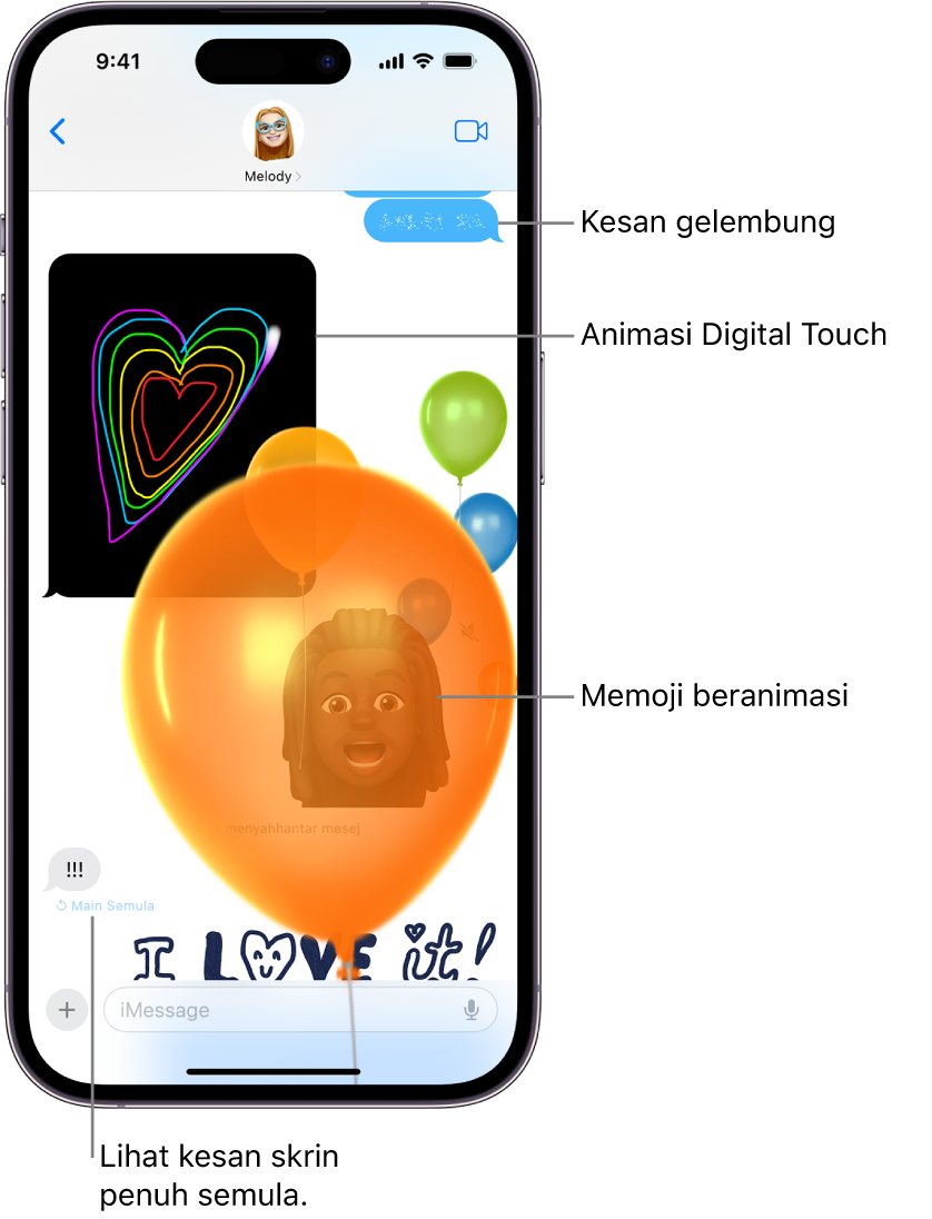 Perbualan mesej dengan gelembung dan kesan skrin penuh serta animasi: Digital Touch dan mesej tulisan tangan.