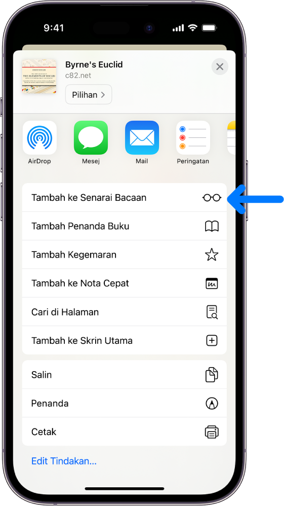 Dalam Safari, butang Kongsi pada halaman web telah diketik, yang mendedahkan senarai pilihan, termasuk Tambah ke Senarai Bacaan.