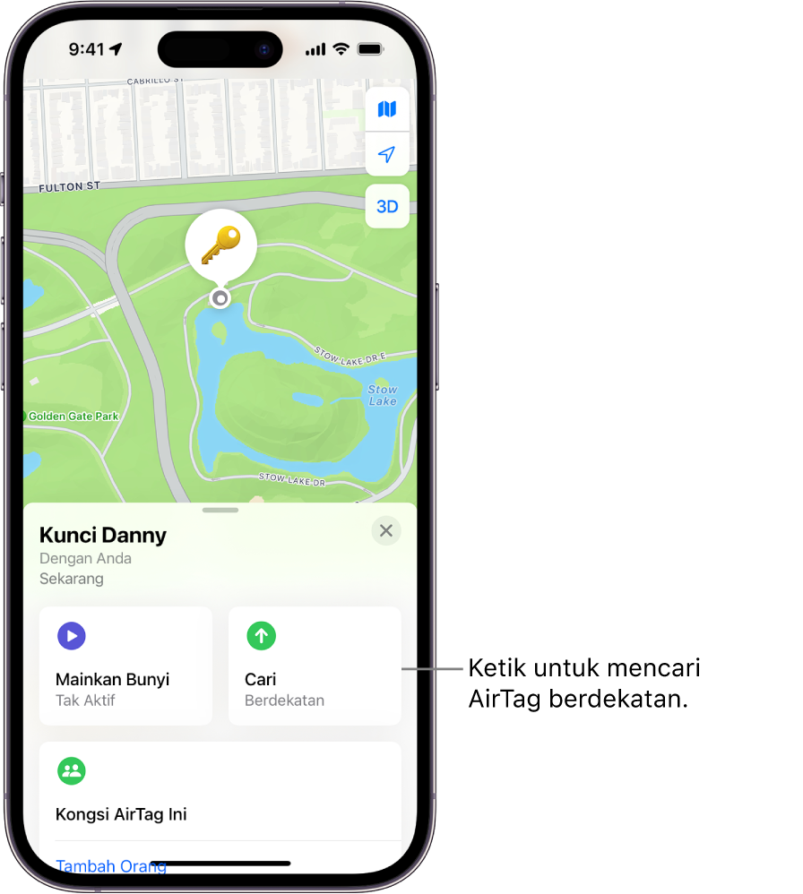 App Cari terbuka, menunjukkan kunci Danny di Taman Golden Gate. Ketik butang Cari untuk mencari AirTag berdekatan.