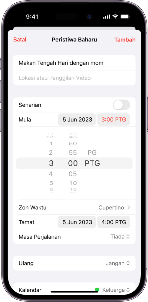 Peristiwa kalendar menunjukkan seting untuk masa dan zon masa peristiwa.