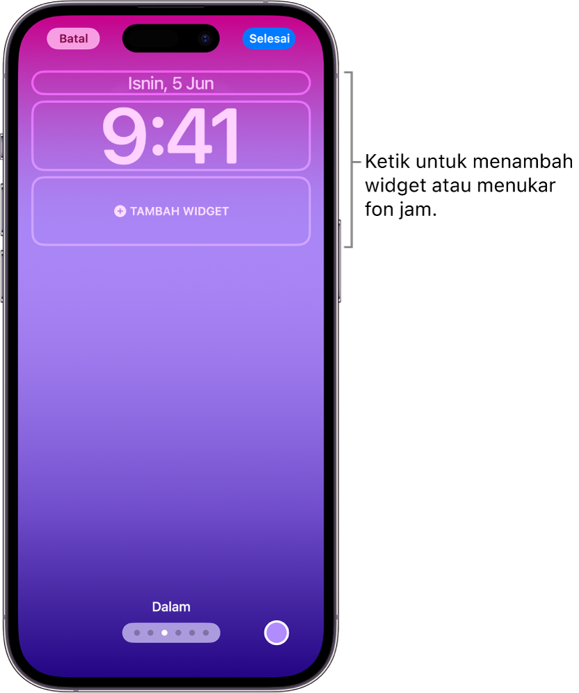 Skrin Kunci tersuai sedang diedit. Unsur yang tersedia untuk penyesuaian dipilih—tarikh, masa dan butang untuk menambah widget.