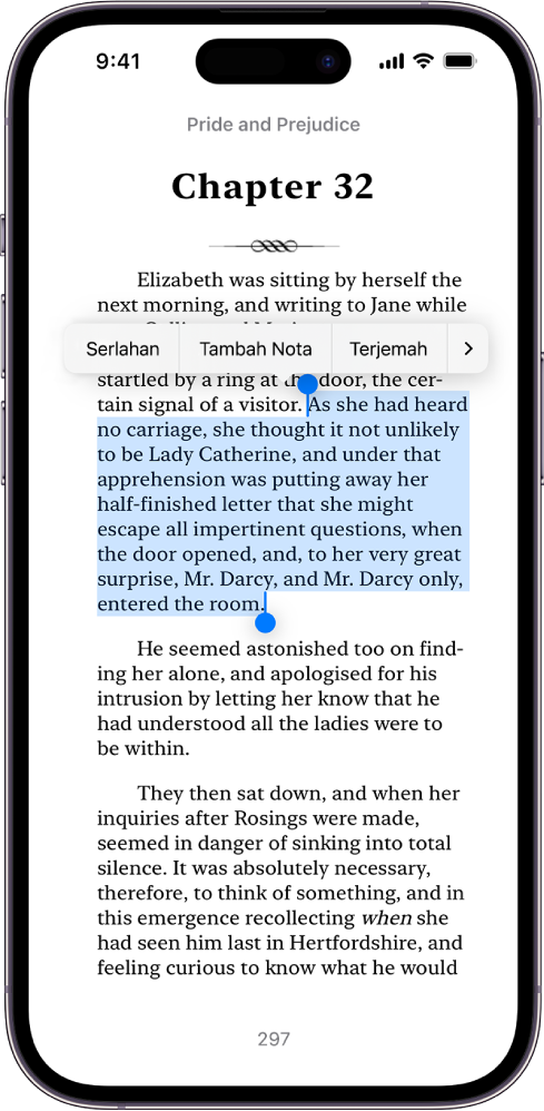 Halaman buku dalam app Buku, dengan sebahagian daripada teks halaman dipilih. Kawalan Serlahan, Tambah Nota dan Terjemah berada di atas teks dipilih.