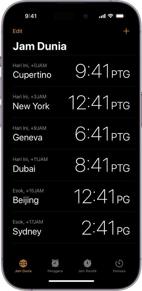 Tab Jam Dunia, menunjukkan waktu di pelbagai bandar. Butang Edit berdekatan penjuru kiri atas membolehkan anda menyusun semula atau memadamkan jam. Butang Tambah berdekatan penjuru kanan atas membolehkan anda menambah lebih banyak jam. Butang Jam Dunia, Penggera, Jam Randik dan Pemasa ada di sepanjang bahagian bawah.