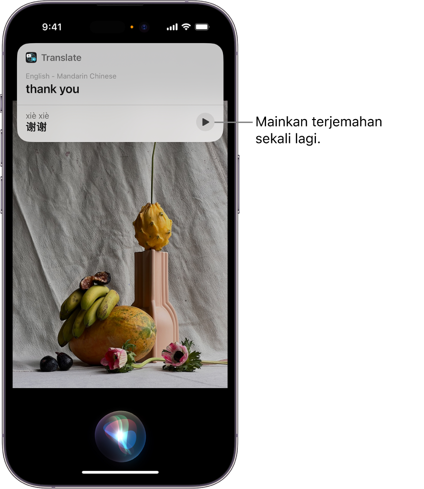 Skrin iPhone dengan, di bahagian bawah, petunjuk pendengaran dan di bahagian atas, respons daripada Siri dalam bentuk pemberitahuan [daripada Bahasa Inggeris ke Bahasa Mandarin].