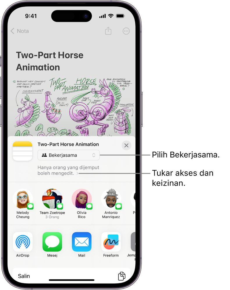 Jemputan kerjasama ke lukisan dalam Nota, menunjukkan Bekerjasama untuk pilihan kongsi dan “Hanya orang yang anda jemput boleh mengedit” sebagai seting akses dan keizinan. Empat penerima berkemungkinan, termasuk kumpulan, membentuk baris di bawahnya. Baris bawah menawarkan cara yang berbeza untuk berkongsi nota: AirDrop, Messages, Mail dan Freeform.