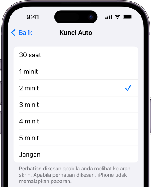 Skrin Kunci Auto, dengan seting untuk tempoh masa sebelum iPhone dikunci secara automatik.