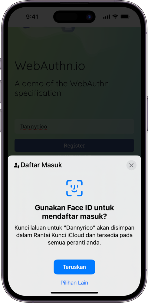 Separuh bawah skrin iPhone memberikan pilihan untuk menggunakan kunci laluan bagi mendaftar masuk ke tapak web. Ia mempunyai butang Teruskan bagi menyimpan kunci laluan dan butang Pilihan Lain.