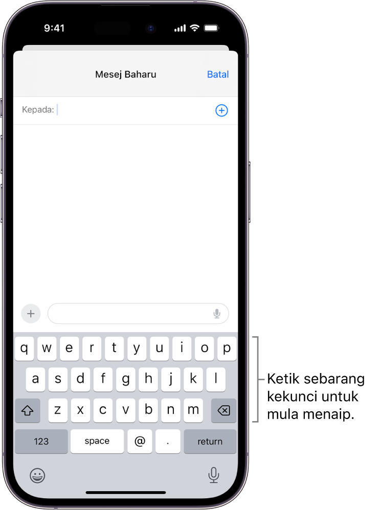 E-mel kosong terbuka dalam app Mail. Papan kekunci atas skrin berada di separuh bawah skrin.