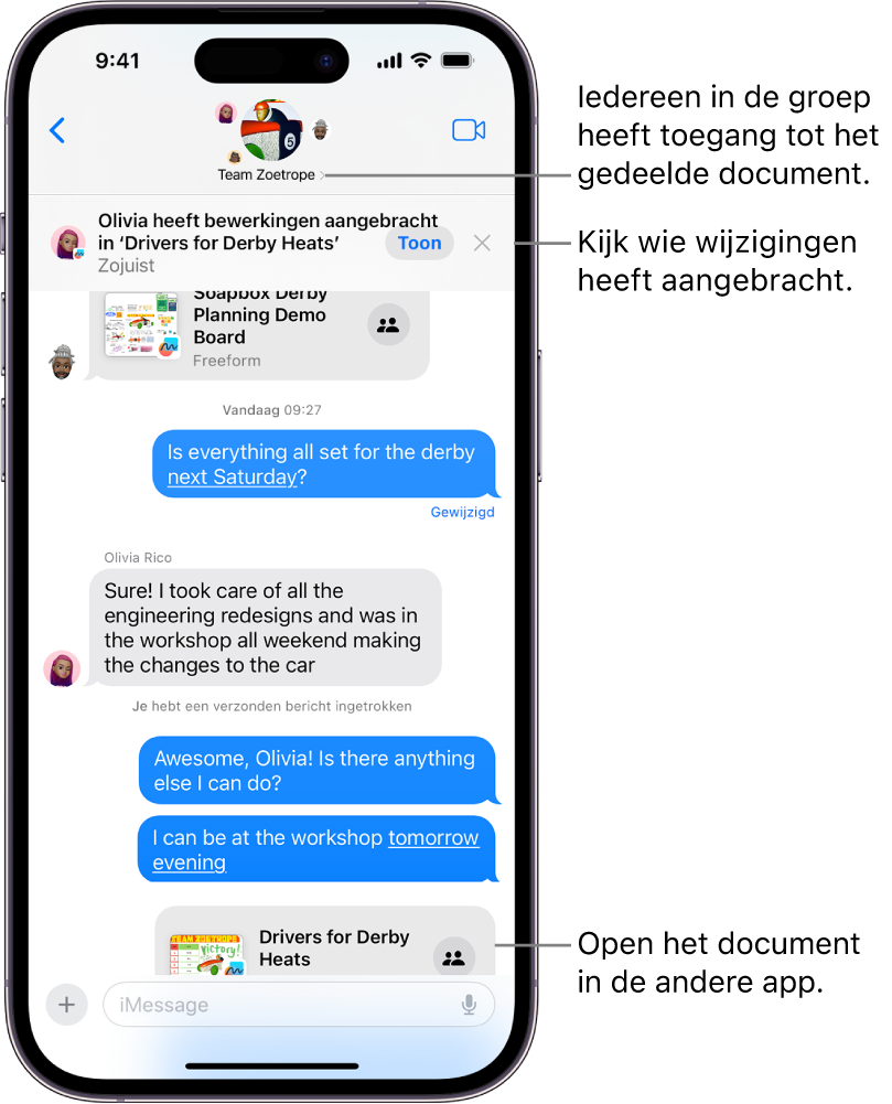 Een groepsgesprek in Berichten, met een uitnodiging om samen te werken en updates bovenaan het gespreksvenster.