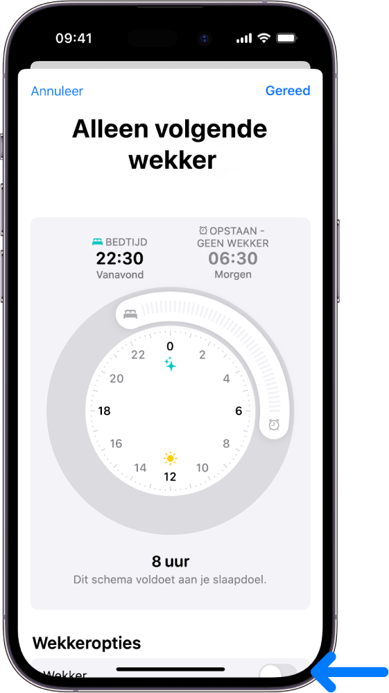 Het scherm 'Alleen volgende wekker' in Gezondheid, met 'Wekker' onderaan uitgeschakeld.