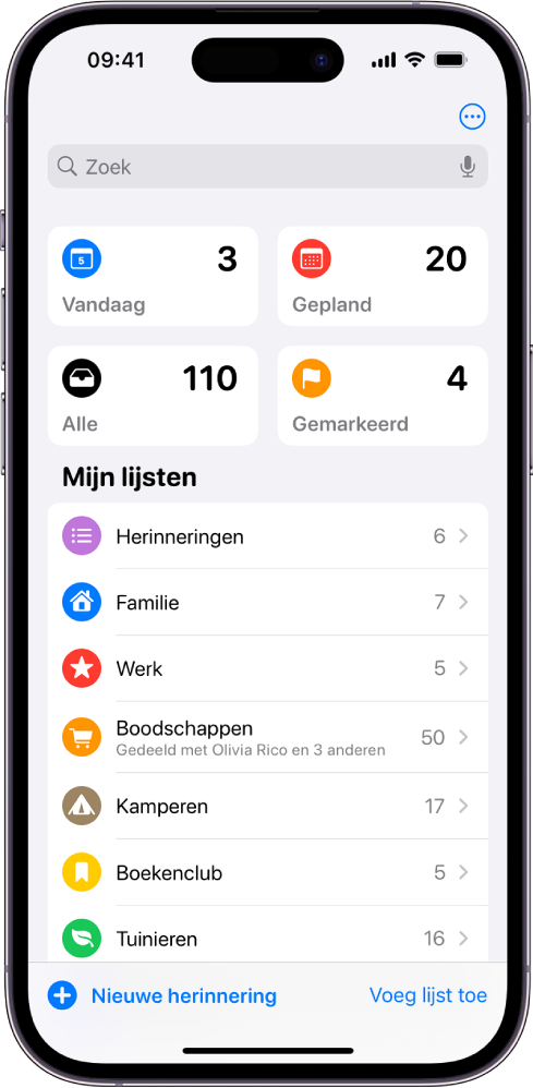 Een scherm met verschillende lijsten in Herinneringen. Het zoekveld wordt bovenaan weergegeven, boven de slimme lijsten voor onderdelen voor vandaag, geplande herinneringen, alle herinneringen en gemarkeerde herinneringen. De knop 'Voeg lijst toe' wordt rechtsonderin weergegeven.
