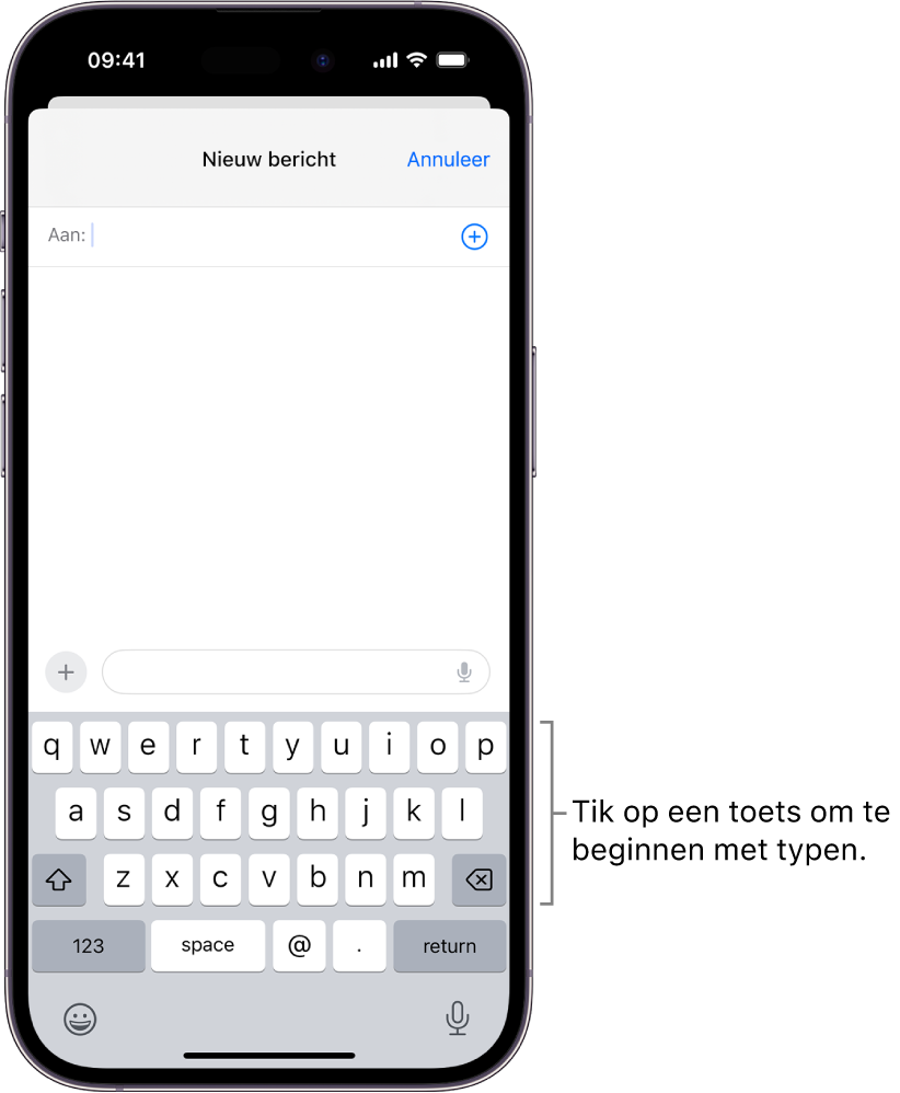 Een lege e‑mail is open in de Mail-app. In de onderste helft van het scherm staat het schermtoetsenbord.