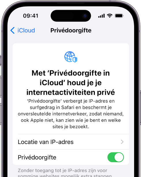 Het Instellingen-scherm waar je 'Privédoorgifte' kunt in- en uitschakelen.