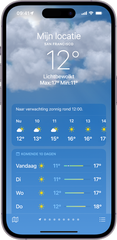 Het Weer-scherm, met van boven naar beneden de locatie, de huidige temperatuur, de maximum- en minimumtemperatuur voor die dag en de weersverwachting per uur en voor de komende 10 dagen. Een rij punten onderin in het midden geeft het aantal locaties in de lijst met locaties aan. Rechtsonderin staat de knop 'Locatielijst' en linksonderin de knop 'Toon kaart'.