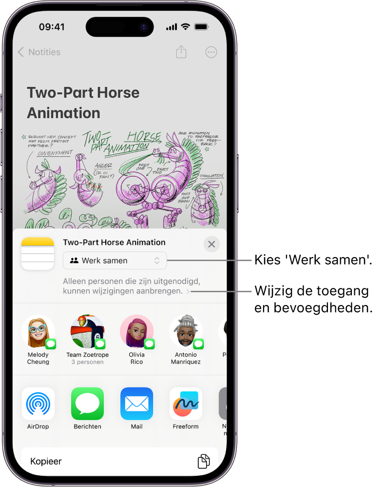 Een uitnodiging om samen te werken aan een tekening in Notities, met 'Werk samen' als deeloptie en 'Alleen personen die zijn uitgenodigd, kunnen wijzigingen aanbrengen' als de instelling voor toegang en bevoegdheden. Daaronder staat een rij met vier mogelijke ontvangers, waaronder een groep. Op de onderste rij staan verschillende manieren om de notitie te delen: AirDrop, Berichten, Mail en Freeform.