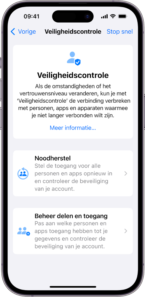 Het Veiligheidscontrole-scherm, met informatie over de functie en knoppen voor 'Noodherstel' en 'Beheer delen en toegang'.