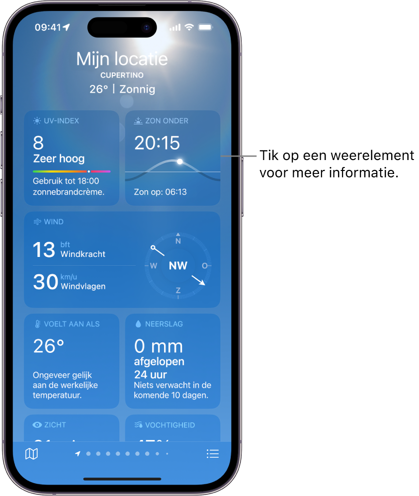 Het Weer-scherm, met de locatie bovenaan en de huidige temperatuur en weersomstandigheden. In de rest van het scherm staan weerdetails met betrekking tot de luchtkwaliteit, de neerslag, de uv-index en de zonsondergang.