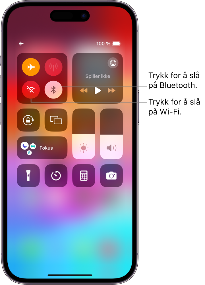 Kontrollsenter med flymodus slått på, som viser at Wi-Fi og Bluetooth slått av. Knappene for å slå på Wi‑Fi og Bluetooth vises nær toppen av skjermen til venstre i Kontrollsenter.