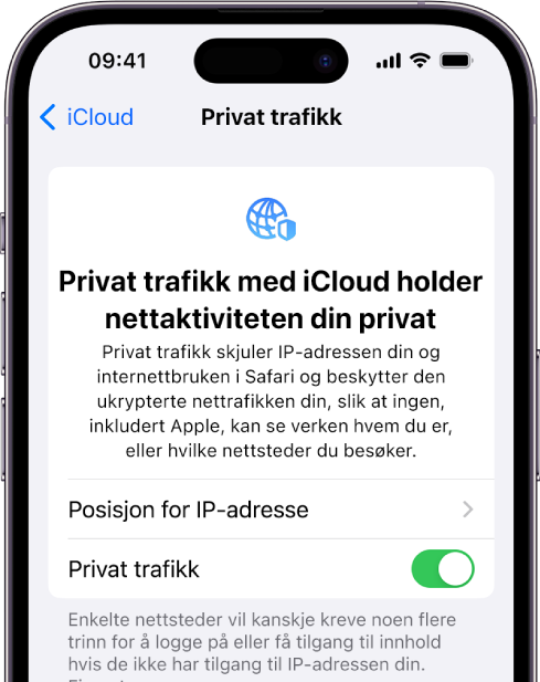 Innstilling-skjermen for å slå Privat trafikk på eller av.