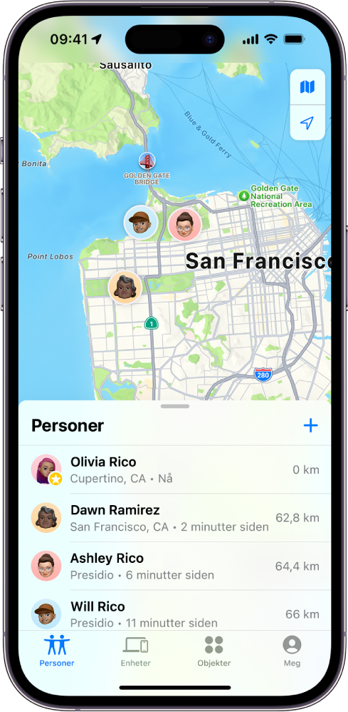 Hvor er?-skjermen, som viser Personer-listen og de geografiske posisjonene deres på et kart.