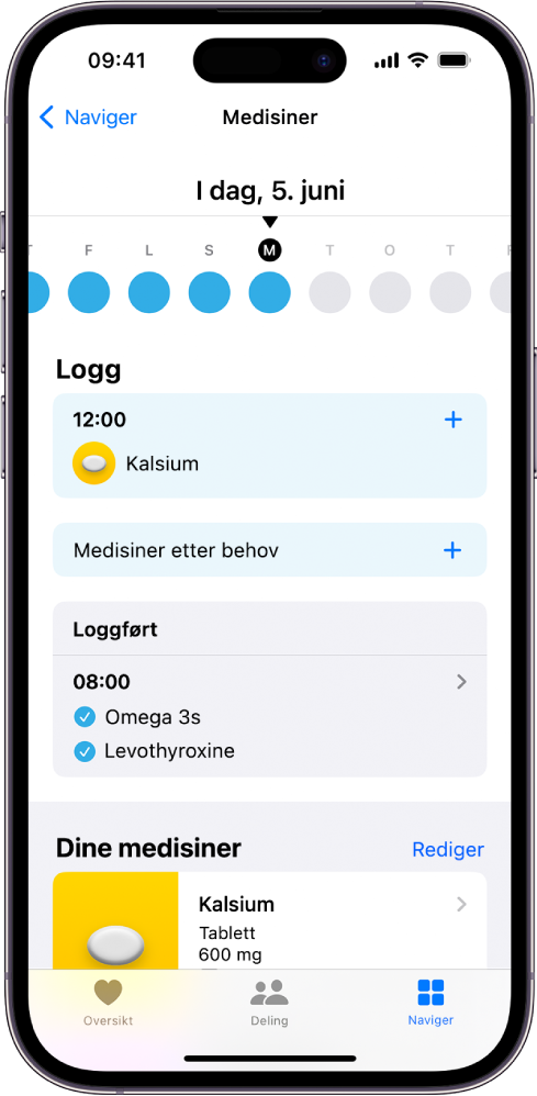 Medisiner-skjermen i Helse, som viser dato og en logg for medisinene dine.