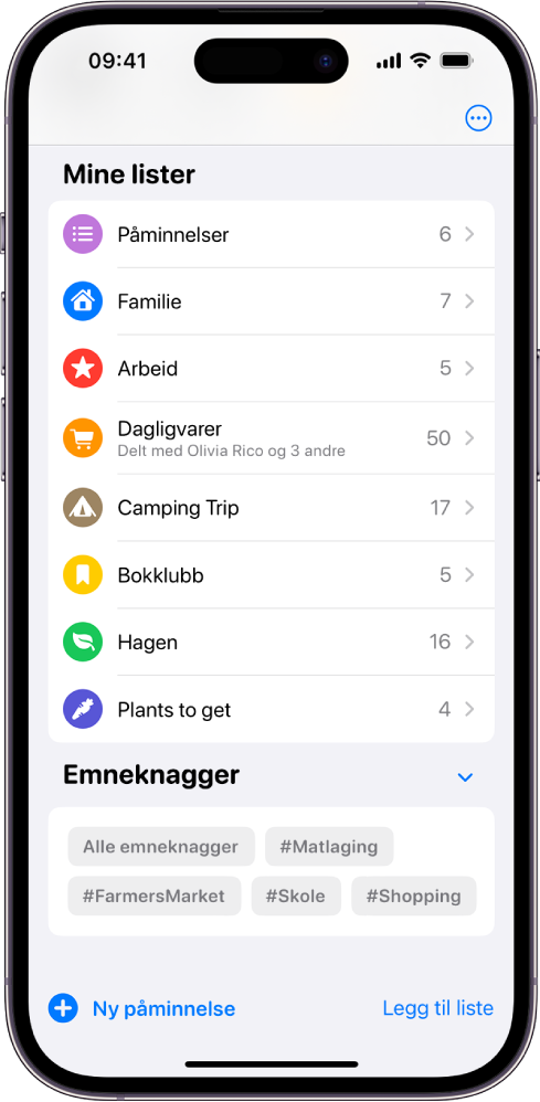 En skjerm med flere lister i Påminnelser. Emneknaggviseren vises nederst.