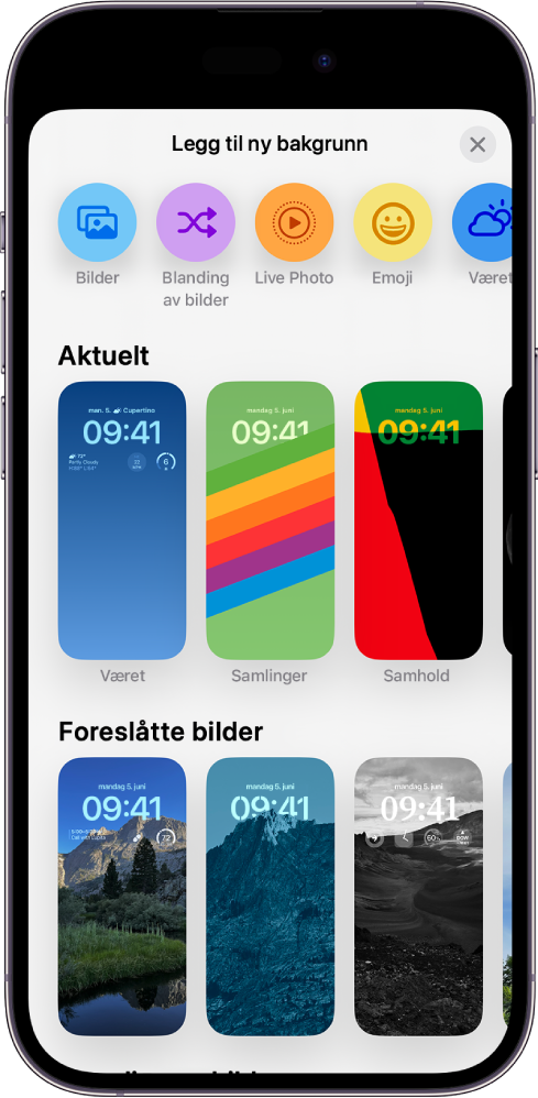 Legg til ny bakgrunn-skjermen viser et galleri av bakgrunner du kan bruke til å tilpasse låst skjerm på iPhonen, i kategorier som Aktuelt og Foreslåtte bilder. Øverst vises knappen for å legge til bilder, personer, en blanding avbilder, emojier og en vær-bakgrunn på låst skjerm.