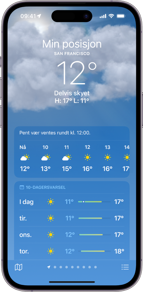 Været-skjermen som viser fra øverst til nederst: stedet, gjeldende temperatur, dagens høyeste og laveste temperaturer, timesvarsel og 10-dagersvarsel. En rad med prikker nederst på midten viser hvor mange steder som er i listen over steder. Nederst til høyre er Stedsliste-knappen og nederst til venstre er Vis kart-knappen.