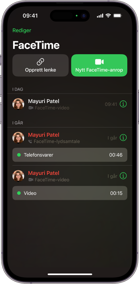 Skjermen for å starte en FaceTime-samtale som viser Opprett lenke-knappen og Ny FaceTime-samtale-knappen for å starte en FaceTime-samtale.