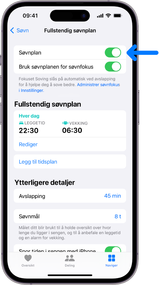 Full søvnplan-skjermen i Helse-appen, med Søvnplan slått på øverst.