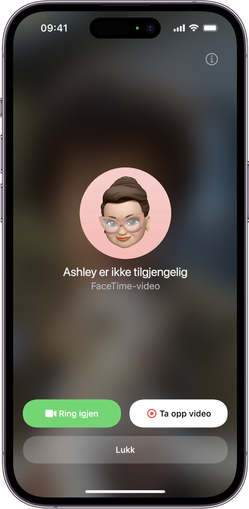 FaceTime-skjermen som viser at personen som ble oppringt, er utilgjengelig. Nederst på skjermen vises Ring på nytt- og Ta opp video-knappene.