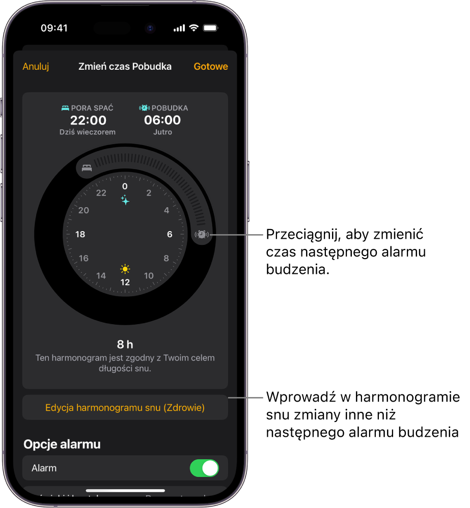 Ekran zmiany alarmu budzika zawierający przyciski do przeciągania czasu Pora spać i czasu Pobudka, przycisk zmiany harmonogramu snu w aplikacji Zdrowie oraz przycisk pozwalający włączać i wyłączać alarm budzika.