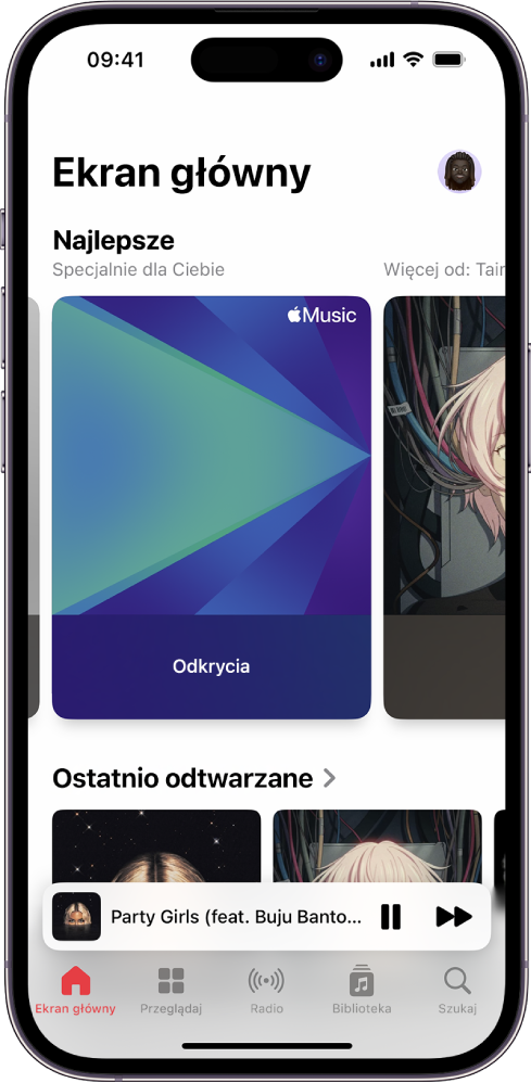 Ekran główny. U góry ekranu widoczna jest etykieta Najpopularniejsze. Możesz przesuwać palcem w lewo lub w prawo, aby wyświetlać więcej muzyki wybranej specjalnie dla Ciebie. Poniżej wyświetlana jest etykieta ostatnio słuchane.