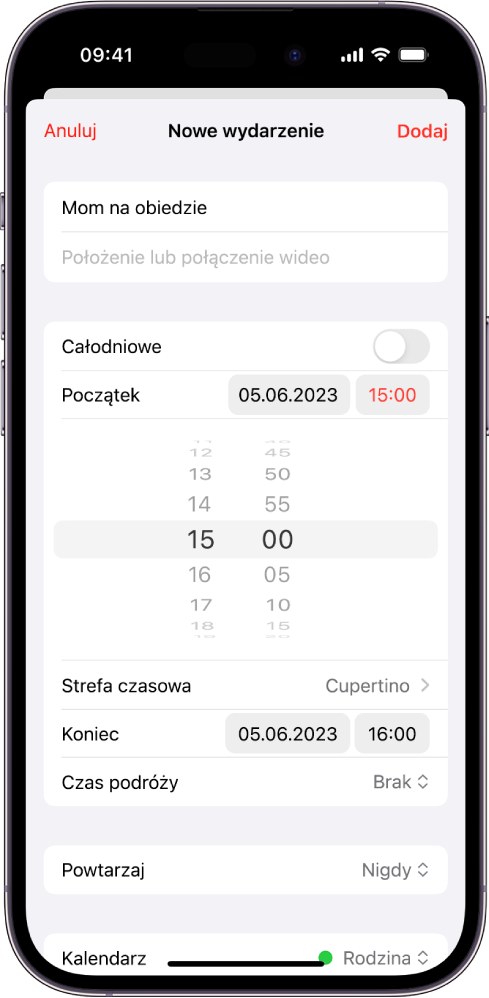 Wydarzenie kalendarza z widocznymi ustawieniami czasu i strefy czasowej.