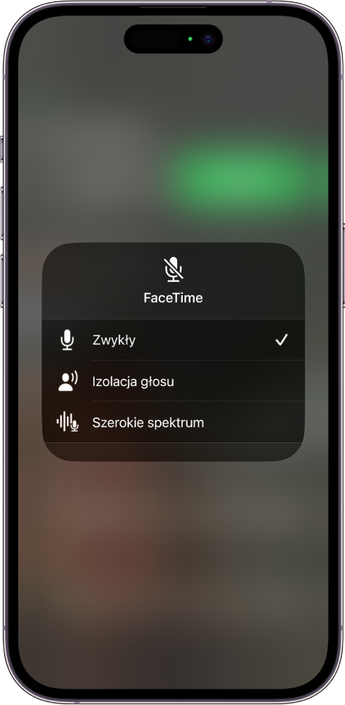 Ustawienia mikrofonu w centrum sterowania, dotyczące połączeń FaceTime. Widoczne są ustawienia standardowe, izolacja głosu oraz szerokie spektrum.